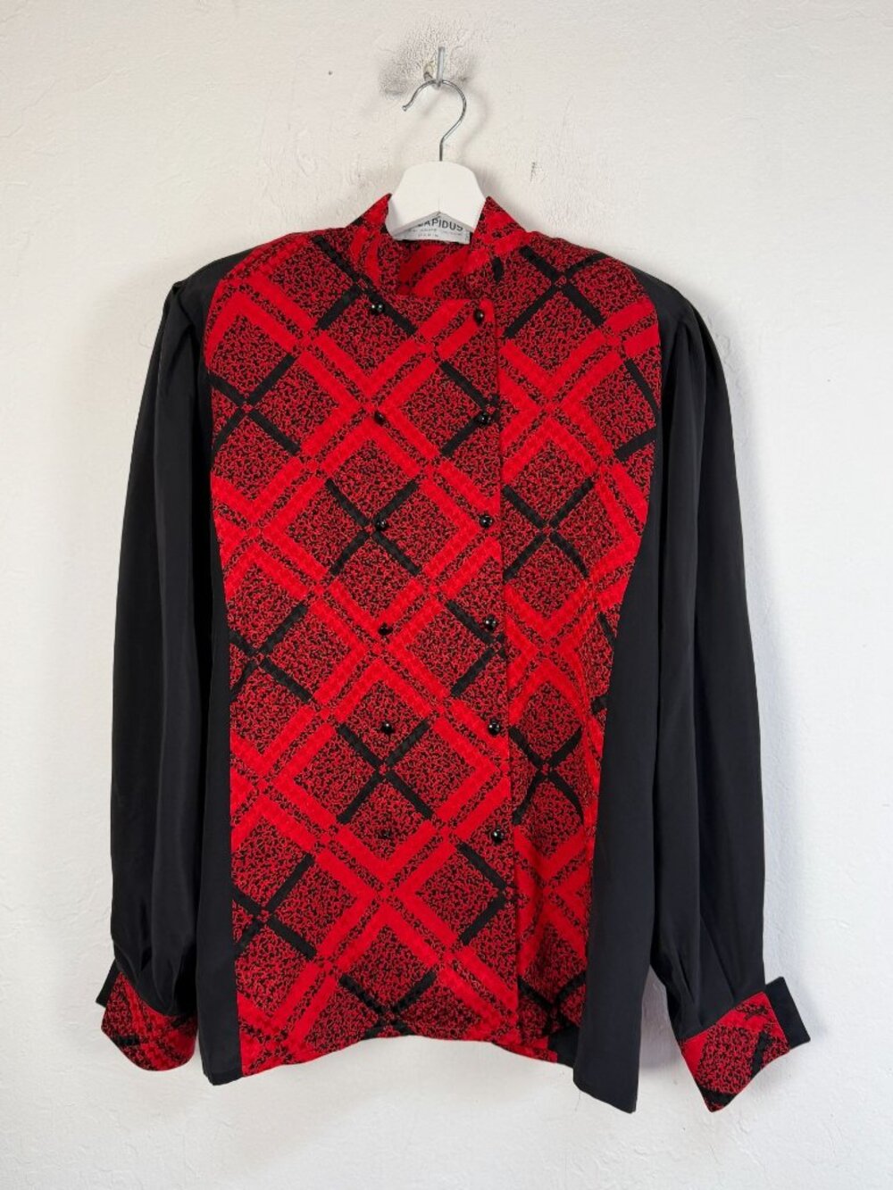 Ted Lapidus Paris Red & Black Silk Blouse With Geometric Print Size 38 Button-Up